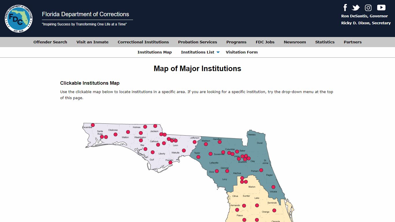 Map of Major Institutions -- Florida Department of Corrections